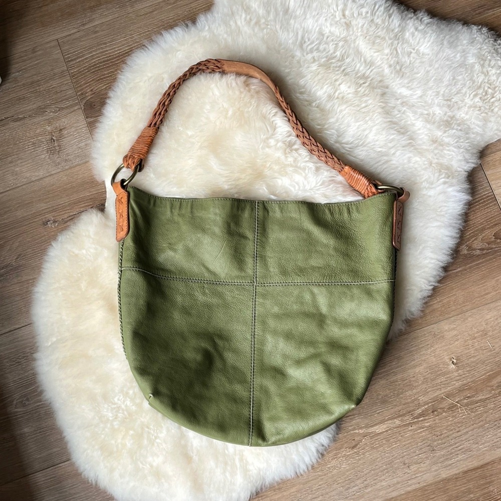Lucky Brand Leather Shoulder Bag Large Olive Green